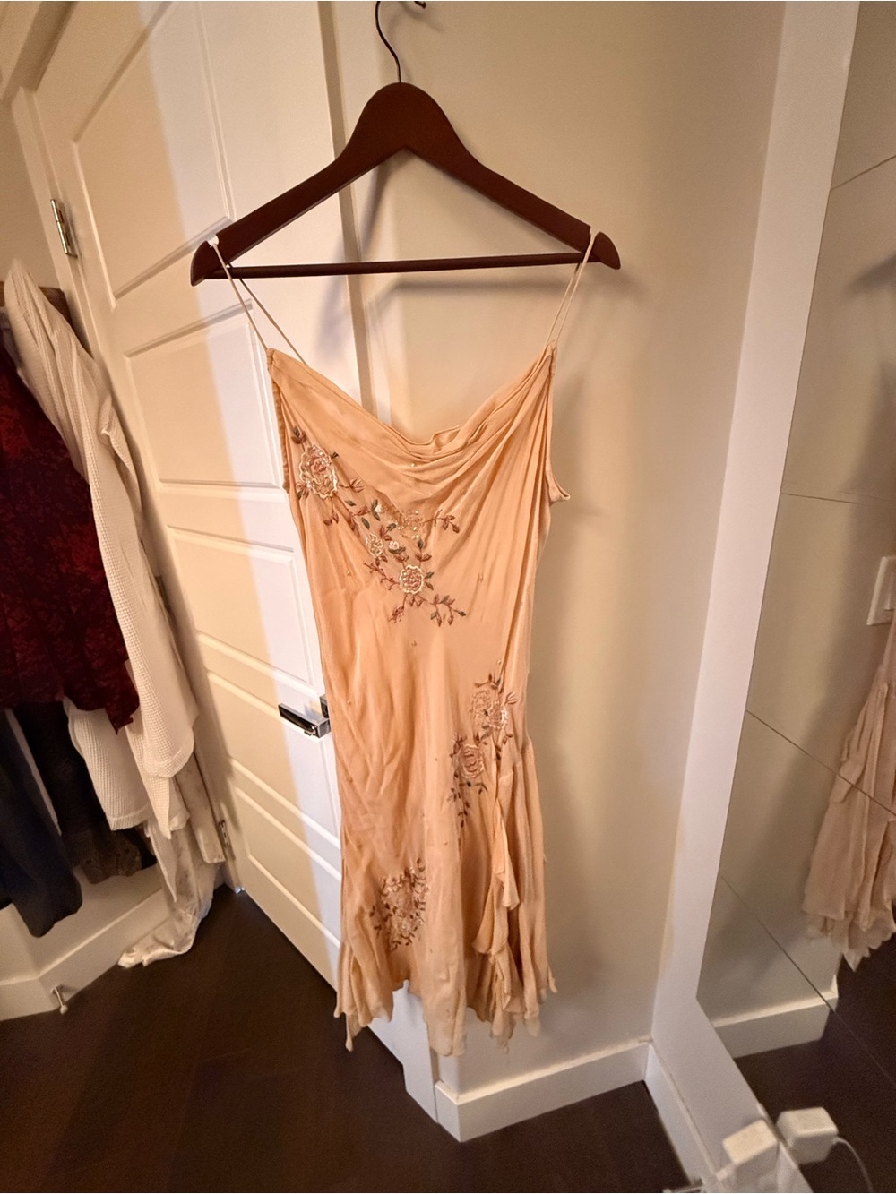 Peach Floral Embroidered Slip Dress with Delicate Straps